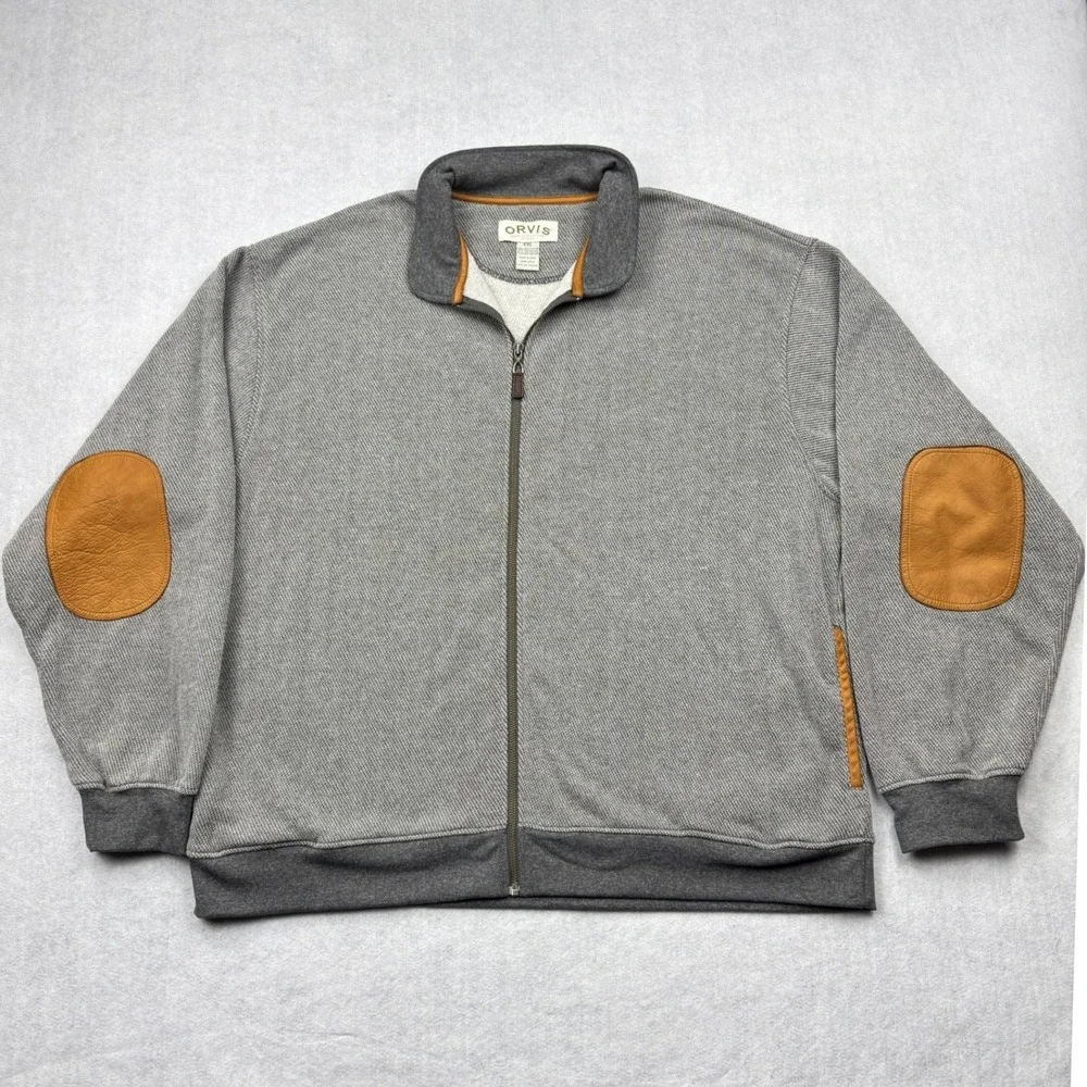 Orvis Mens Heavyweight Full Zip Jacket Sweatshirt Leather Elbow Patches Gray XXL